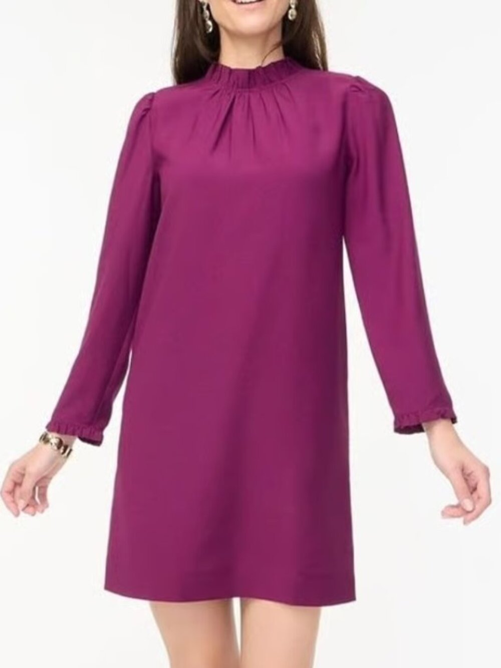 J. Crew Long Sleeve Burgundy Purple Ruffle Neck Shift Dress